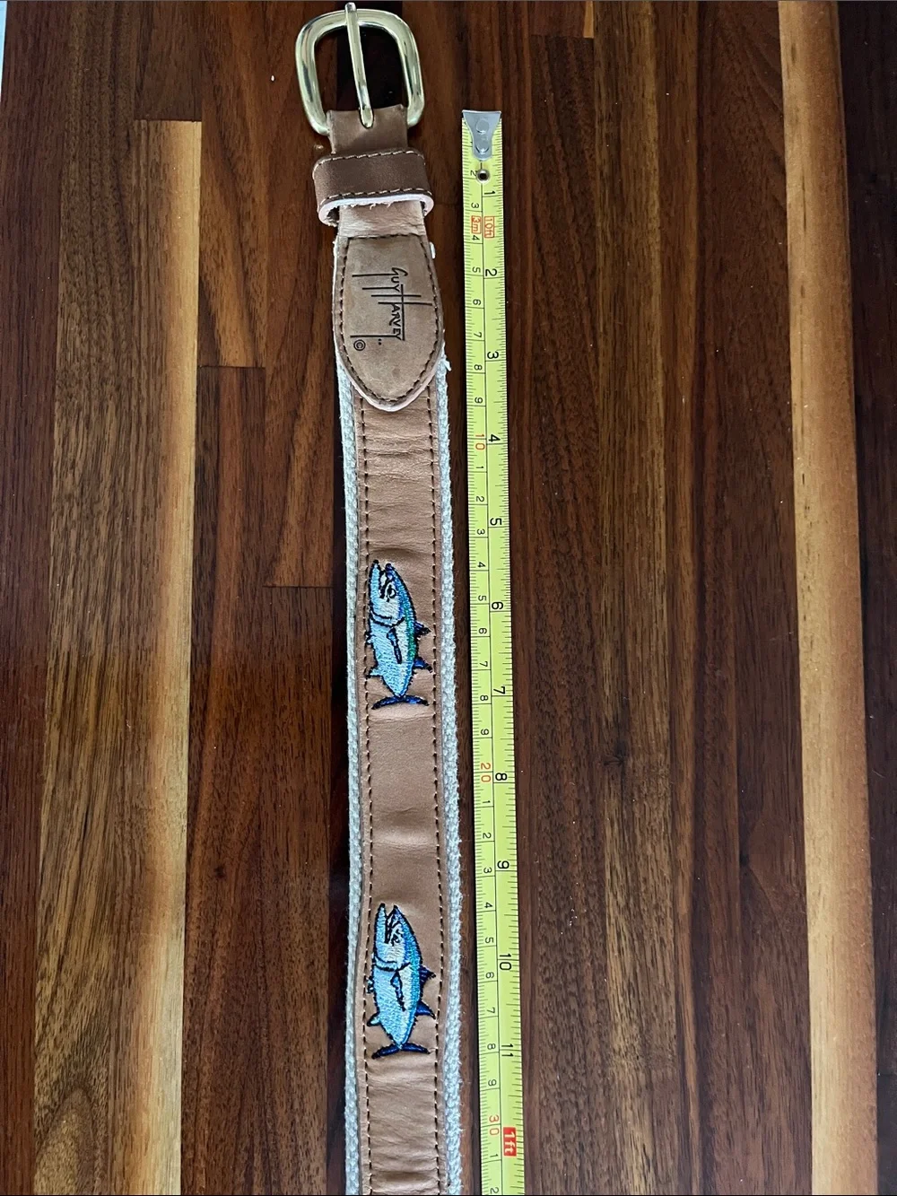 Guy Harvey Tuna Embroidered Leather Belt Sz 38 Solid Brass Fishing